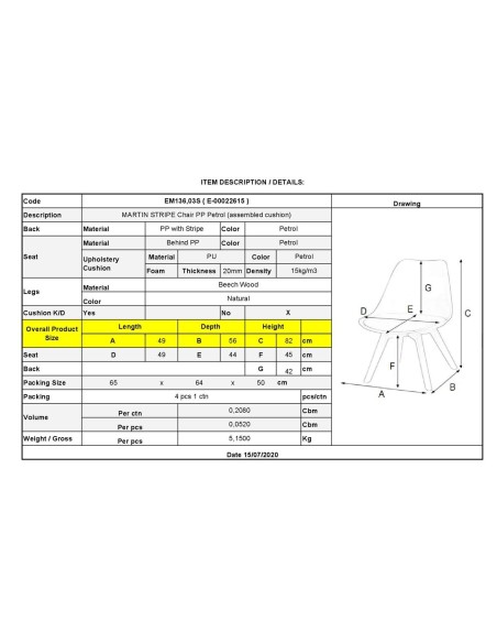 MARTIN STRIPE Chair PP Petrol (assembled cushion)