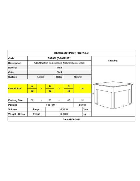GLEN Τραπεζάκι Σαλονιού Καθιστικού, Μέταλλο Βαφή Μαύρο, Ξύλο Ακακία Φυσικό