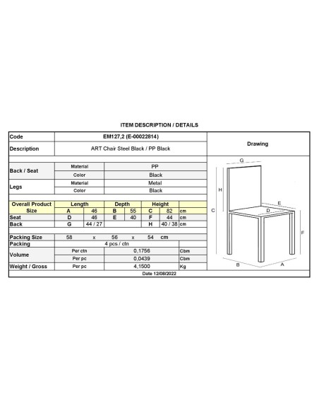 ART Καρέκλα Τραπεζαρίας Μέταλλο Βαφή Μαύρο - PP Μαύρο