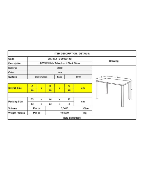 ACTION Coffee Table 60x60cm Inox-Black Glass