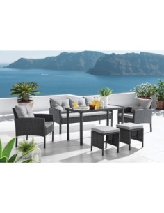 SANTO Set Metal(Table+Sofa 3S+2 Armchairs+2 Stool)Wicker Dark Grey/Cushions Grey