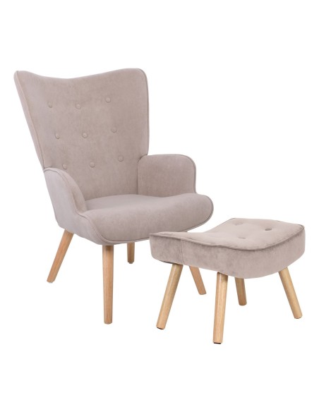 ALMA Πολυθρόνα - Μπερζέρα με Σκαμπό - Υποπόδιο Φυσικό Ύφασμα Velure Ανοιχτό Καφέ,K-D