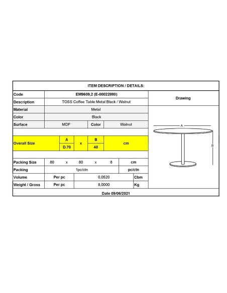 TOSS Coffee Table D.70 H.40cm Metal Black-Walnut