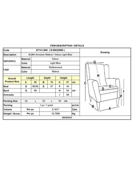 ALMA Armchair Walnut - Velure Light Blue (K-D)