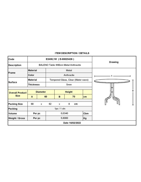 BALENO Table D.60cm Metal Anthracite