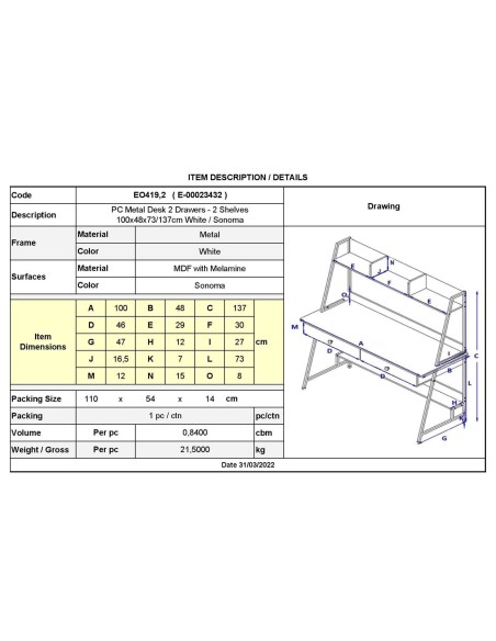 PC Metal Desk 2 Drawers-2 Shelves 100x48x73-137cm White-Sonoma