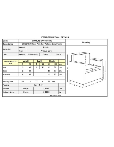 CHESTER Relax Armchair Antique Ecru Fabric