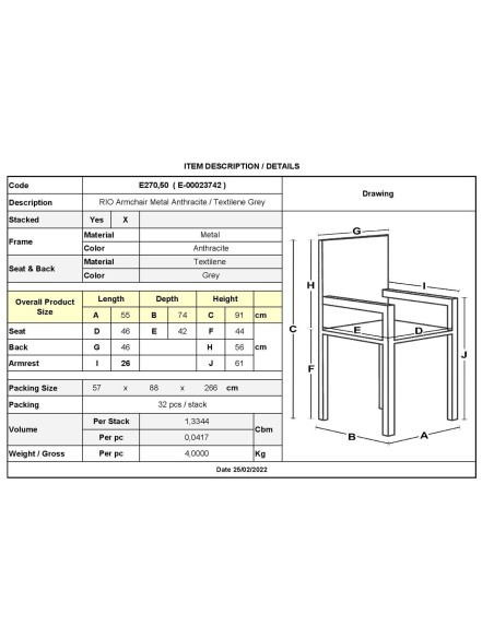 RIO Πολυθρόνα Στοιβαζόμενη Κήπου, Μέταλλο Βαφή Ανθρακί, Textilene Γκρι (4,20kg)