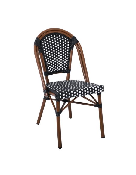 PARIS Καρέκλα Bistro Αλουμίνιο Καρυδί, Wicker Μαύρο - Άσπρο, Στοιβαζόμενη