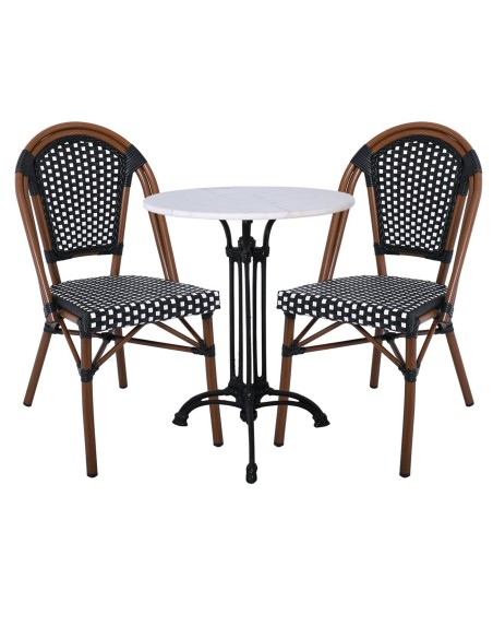 PARIS Καρέκλα Bistro Αλουμίνιο Καρυδί, Wicker Μαύρο - Άσπρο, Στοιβαζόμενη