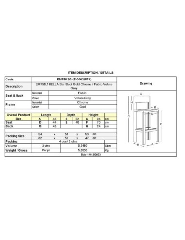 BELLA Bar Stool Gold Chrome, Grey Velure