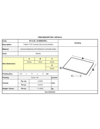 TABLE TOP Contract Sliq 70x120cm-16mm...