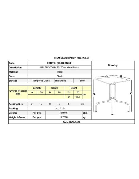 BALENO Table 70x70cm Metal Black