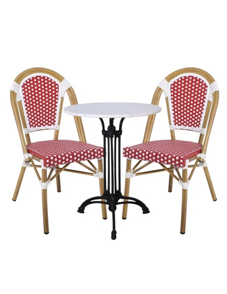 PARIS Καρέκλα Bistro Αλουμίνιο Φυσικό, Wicker Άσπρο - Κόκκινο, Στοιβαζόμενη