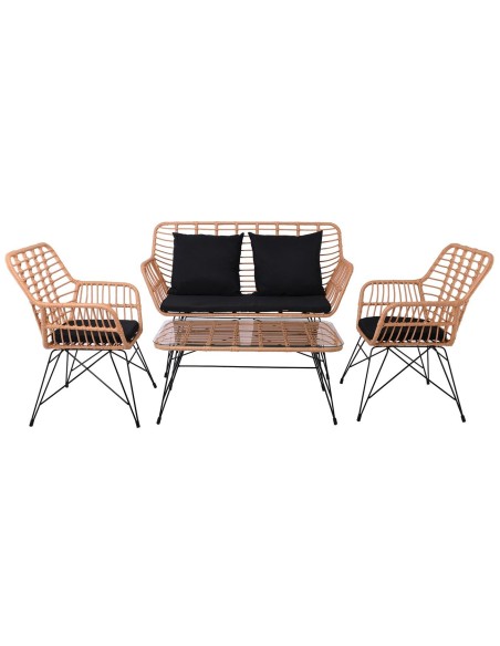 SALSA MAX Living Set Κήπου 4 τεμαχίων, Μέταλλο Βαφή Μαύρο, Wicker Φυσικό, Μαξιλάρια Μαύρο