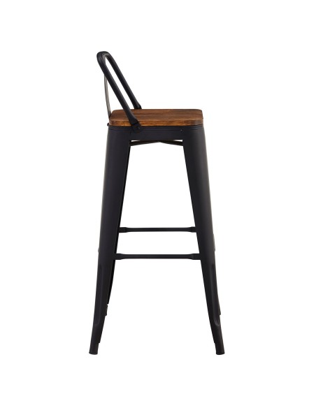 RELIX Wood Σκαμπό Bar με Πλάτη,Μέταλλο Βαφή Μαύρο Extra Matte, Απόχρωση Ξύλου Dark Oak