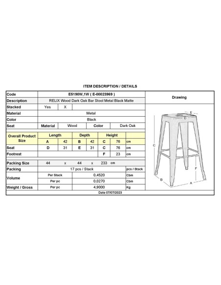 RELIX Wood Σκαμπό Bar, Μέταλλο Βαφή Μαύρο Extra Matte Κάθισμα Dark Oak, Στοιβαζόμενο
