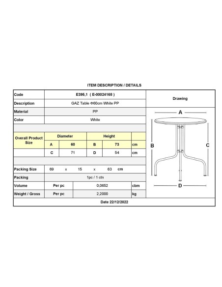 GAZ Τραπέζι Κήπου - Βεράντας, PP Άσπρο