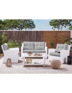 SUNNY SET Alu (Table+Sofa+2 Armchairs) Wicker White/Cushions Grey