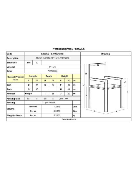 MODA Πολυθρόνα-Pro Στοιβαζόμενη, PP-UV Protection Απόχρωση Ανθρακί