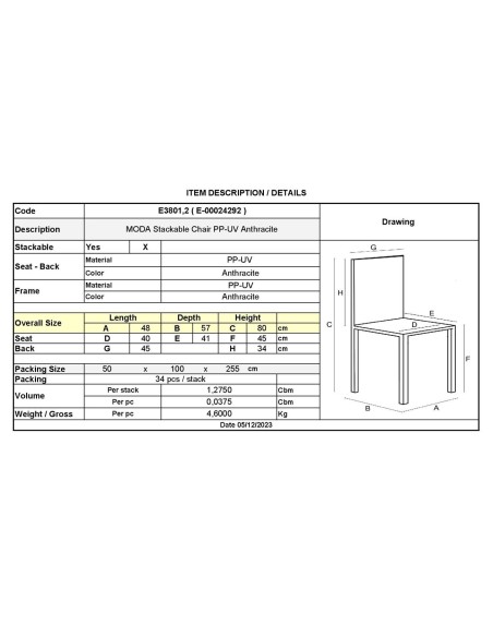 MODA Καρέκλα-Pro Στοιβαζόμενη PP - UV Protection, Απόχρωση Ανθρακί