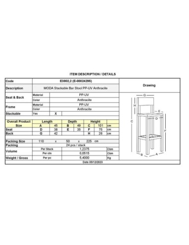 MODA Σκαμπό Bar-Pro Στοιβαζόμενο,...