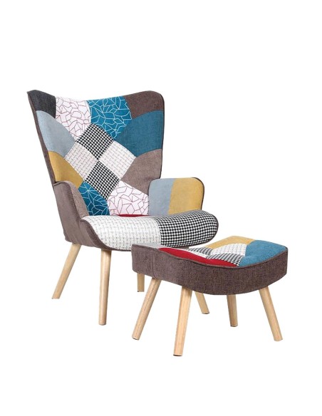 ALMA Πολυθρόνα - Μπερζέρα με Σκαμπό - Υποπόδιο Φυσικό Ύφασμα Patchwork, K-D