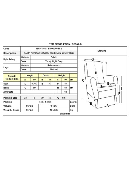ALMA Armchair Natural - Teddy Light Grey Fabric (K-D)