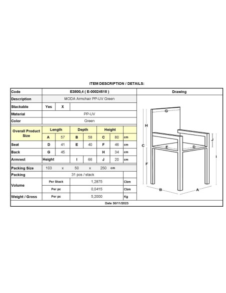 MODA Stackable Armchair-Pro PP-UV Green