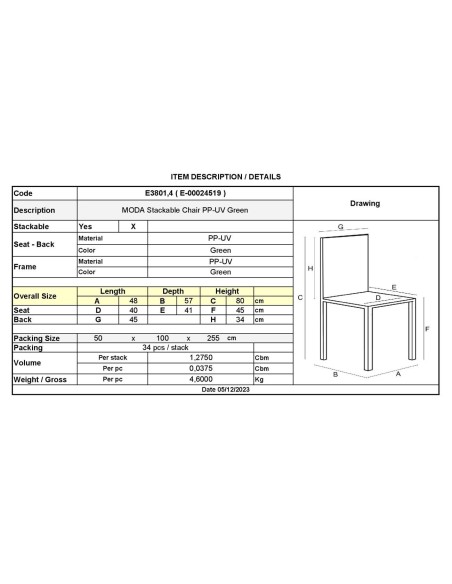 MODA Καρέκλα-Pro Στοιβαζόμενη PP - UV Protection, Απόχρωση Πράσινο