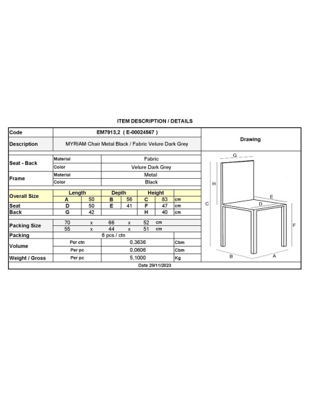 MYRIAM Chair Metal Black-Fabric Velure Dark Grey