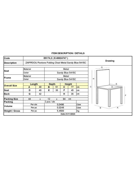 ZAPPEIOU Pantone Folding Chair Metal Sandy Blue 5415C