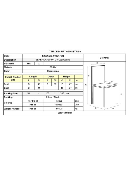 SERENA Καρέκλα, Στοιβαζόμενη PP - UV Cappuccino