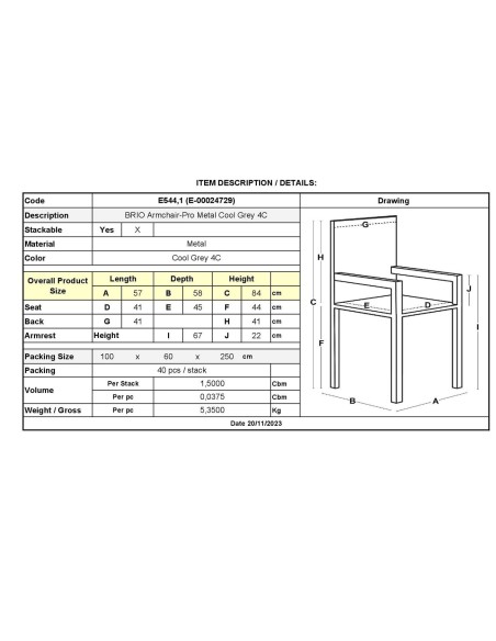 BRIO Πολυθρόνα-Pro Στοιβαζόμενη, Μέταλλο Βαφή Cool Grey 4C