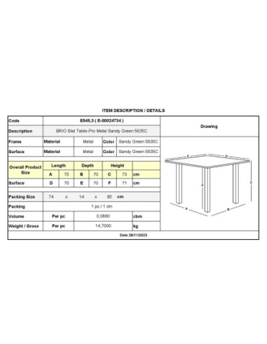 BRIO Slat Table-Pro 70x70cm Metal...