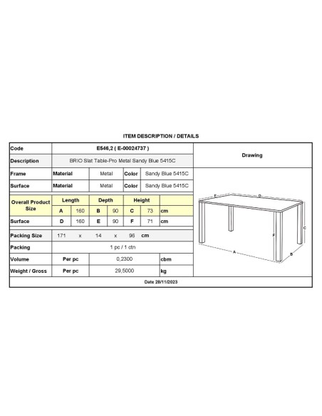 BRIO Slat Table-Pro 160x90cm Metal Sandy Blue 5415C