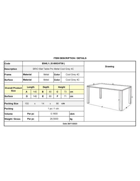 BRIO Flat Table-Pro 140x80cm Metal Cool Grey 4C