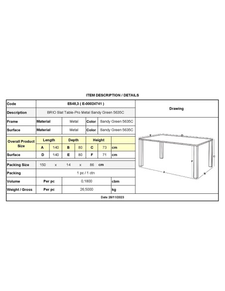 BRIO Flat Table-Pro 140x80cm Metal Sandy Green 5635C