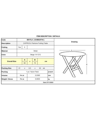 ZAPPEIOU Pantone Folding Table D.60cm...