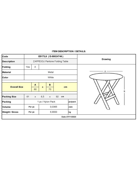 ZAPPEIOU Pantone Folding Table D.60cm Metal White