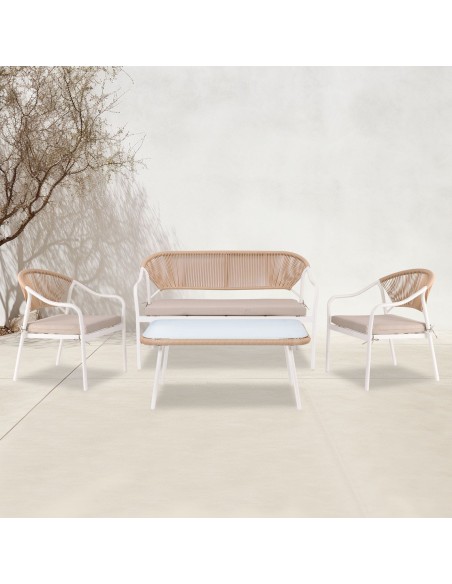 PALERMO Set (4 pcs) Metal White-Wicker Natural-Cushions Beige