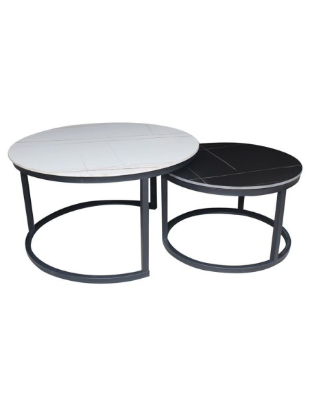 TERRY Set-2 Coffee Tables Metal Black-Sintered Stone D80+D60-White-Black Marble