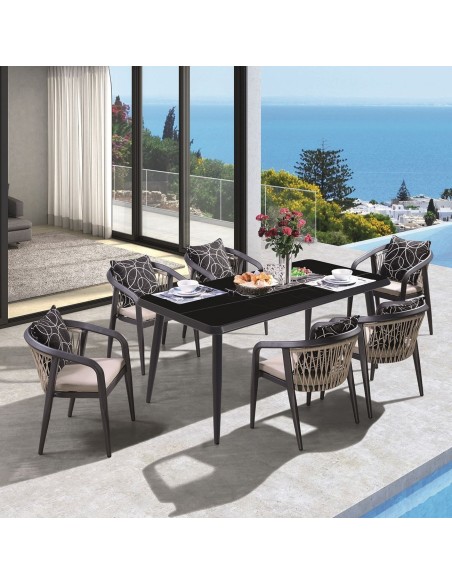 JARDIN Set Alu (Table 180x90cm+6 Armchairs) Anthracite-Cushions Beige-Dark grey