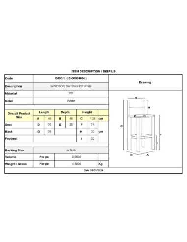WINDSOR Σκαμπό BAR, PP Άσπρο