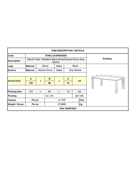 DALIN Table 130x80cm Black Wood-Sintered Stone Grey Marble