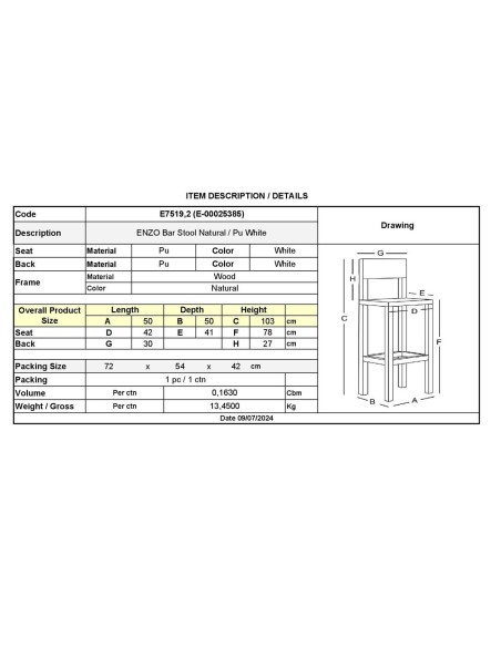 ENZO Bar Stool Natural-Pu White