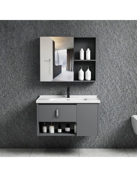 IDEA-2 Set Έπιπλο Μπάνιου Γκρι, Καθρέπτης + Πάγκος με Νιπτήρα και Μπαταρία