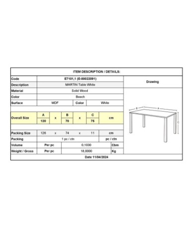 MARTIN Table 120x70cm White