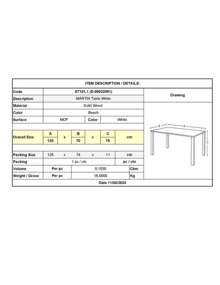MARTIN Table 120x70cm White