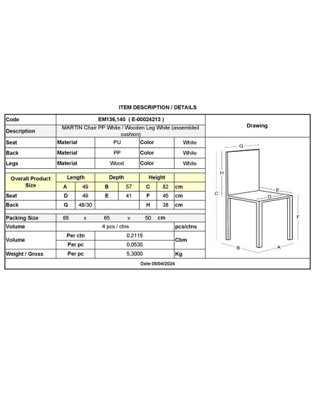 MARTIN Chair PP White-Wooden Leg White (assembled cushion)